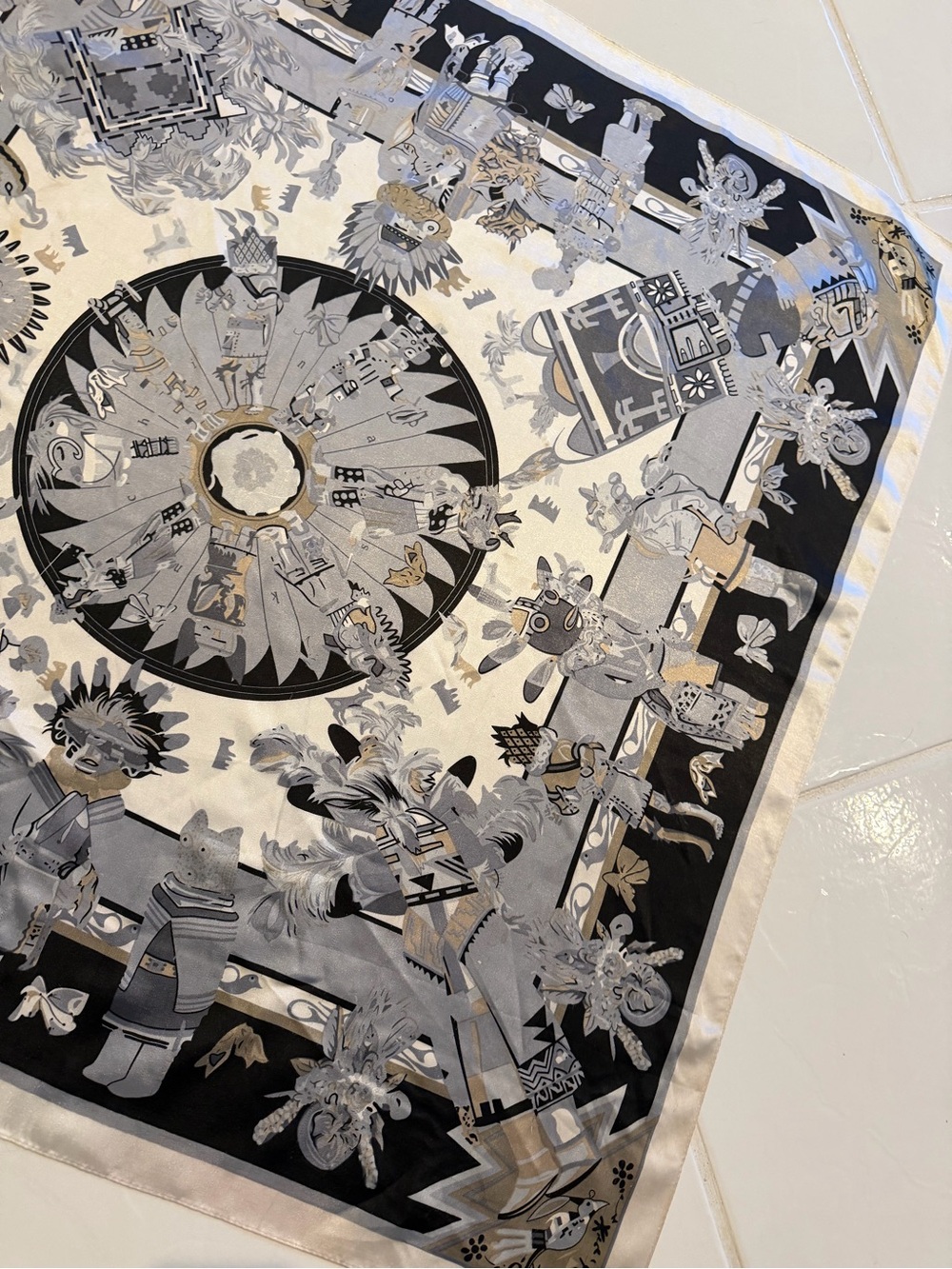 Hermes Kachinas Black, White & Gray Decorative Scarf with Tribal Motif - Picture 4 of 13